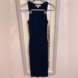 MICHAEL KORS Brand New Midi Bodycon Dress in Navy Blue and Gold Logo Hardware